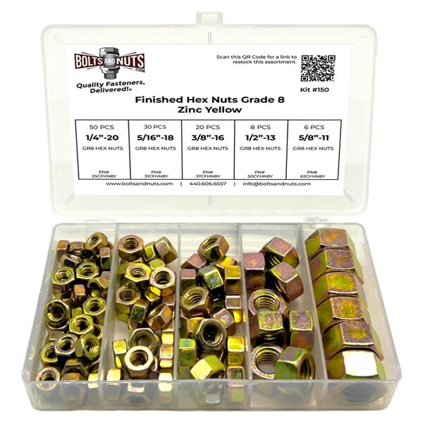 Boltsandnuts.Com Grade 8 Finished Hex Nuts Zinc Yellow Assortment - 115 PCS Assortment Kit #150 - main